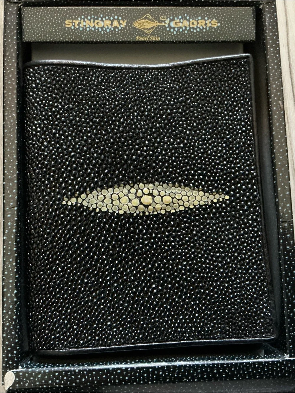 Genuine black stingray skin bifold wallet white cowhide leather men’s